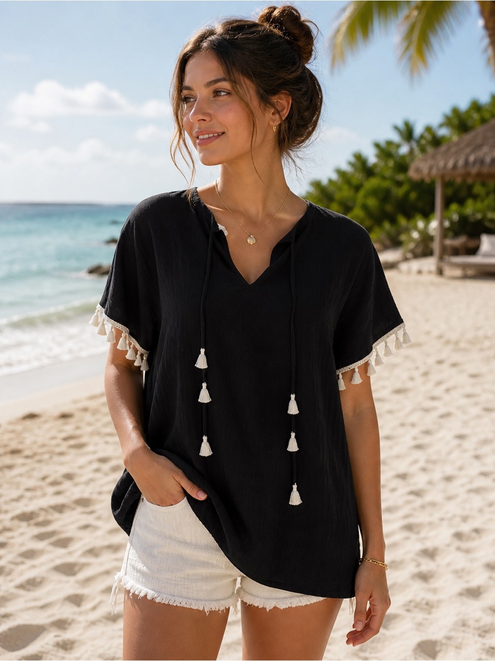 Talbots Black Tassel Tunic Top | Resort Blouse | Lightweight Summer Cover Up